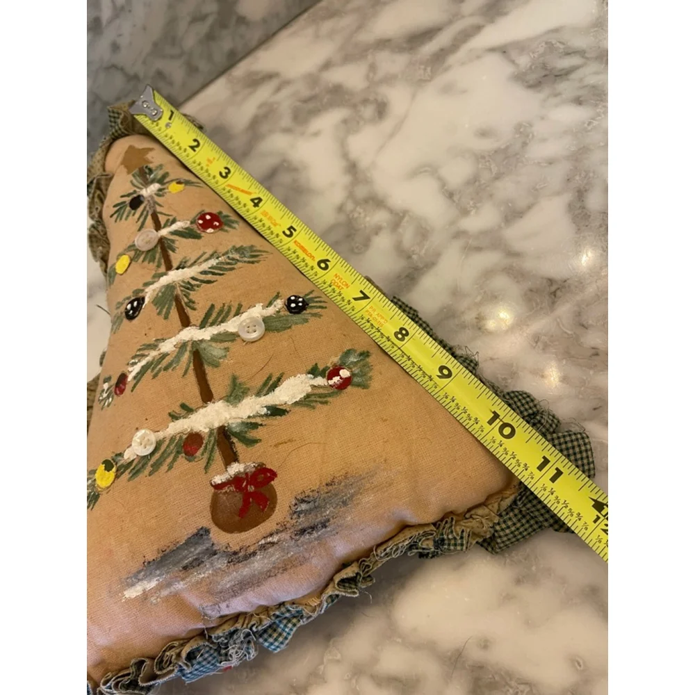 Primitive Hand-Painted Christmas Tree Pillow – Rustic Farmhouse Décor – 11x9